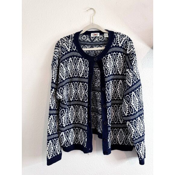Marsh Landing Vintage Nordic Blue White Knit Grandpa Cardigan Large - Picture 3 of 7